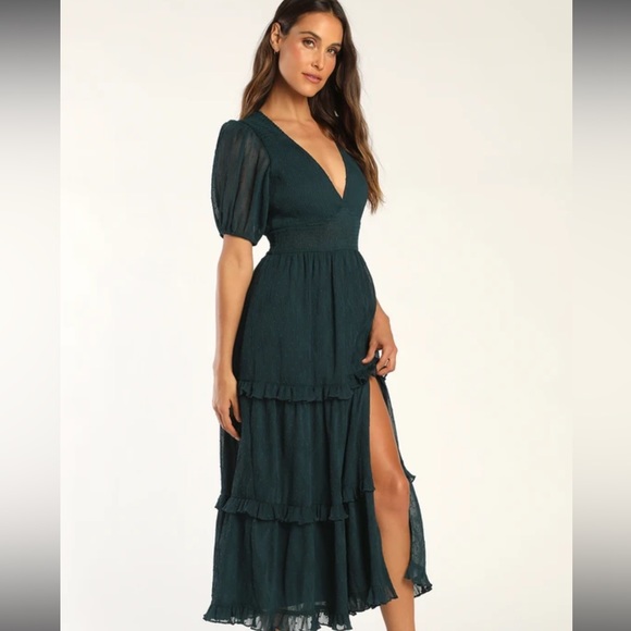 Lulus Tier to Please Dark Teal Puff Sleeve Swiss Dot Midi Dress M - Picture 4 of 8